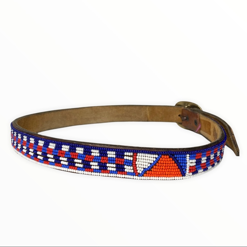 Leather Multicolor Geometric Indian Beading Brass Buckle Boho Adjustable Belt S
